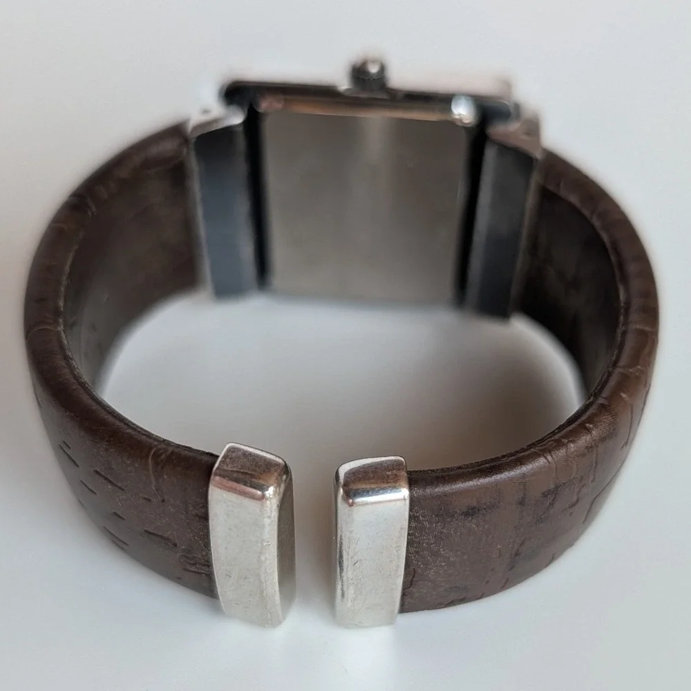 Chicos Womens Silver Tone Square Ornate Cuff Watch Brown Cork Band Japan